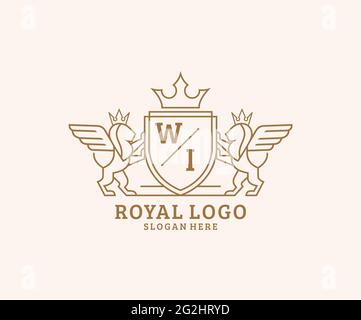 WI Letter Lion Royal Luxury Heraldic, modello con logo Crest in arte vettoriale per ristoranti, Royalty, Boutique, Cafe, Hotel, Araldica, Gioielli, Moda e. Illustrazione Vettoriale