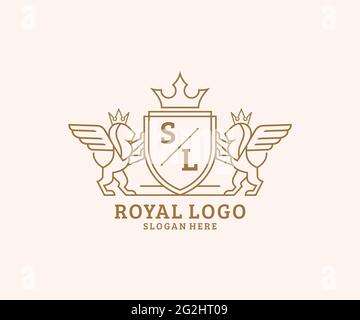 SL Letter Lion Royal Luxury Heraldic, Crest Logo template in arte vettoriale per ristoranti, Royalty, Boutique, Cafe, Hotel, Araldica, Gioielli, Moda e. Illustrazione Vettoriale