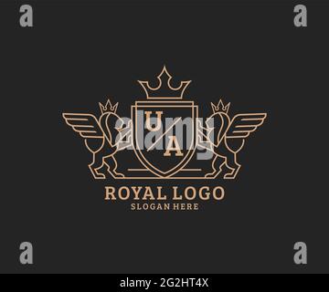 UA Letter Lion Royal Luxury Heraldic, Crest Logo template in arte vettoriale per ristoranti, Royalty, Boutique, Cafe, Hotel, Araldica, Gioielli, Moda e. Illustrazione Vettoriale