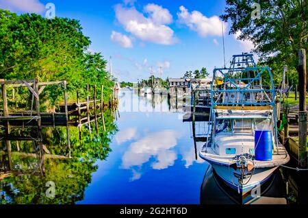 Le barche di gamberetti sono attraccate nel bayou, 9 giugno 2021, in Bayou la Batre, Alabama. L'industria dei frutti di mare è l'industria principale nel piccolo villaggio di pescatori. Foto Stock