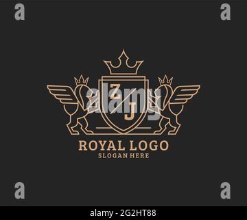 ZJ Letter Lion Royal Luxury Heraldic, Crest Logo template in arte vettoriale per Ristorante, Royalty, Boutique, Cafe, Hotel, Araldica, Gioielli, Moda e. Illustrazione Vettoriale