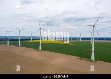 Germania, Sassonia-Anhalt, Gardelegen, parco eolico, turbine eoliche, energie rigenerative Foto Stock