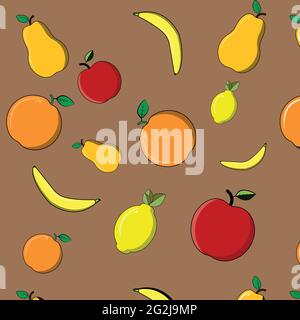 Modello vettoriale con frutta limone, arance, mele, banane e pere su sfondo marrone. Formato vettoriale di sfondo con motivo estivo senza cuciture Illustrazione Vettoriale