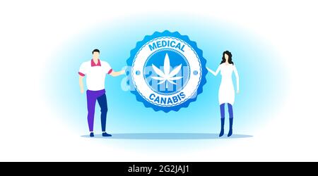 uomo donna coppia che tiene cannabis medica o marijuana foglia logo estratto di canapa cbd ganja legalizzare il concetto di consumo di droga intera lunghezza orizzontale Illustrazione Vettoriale