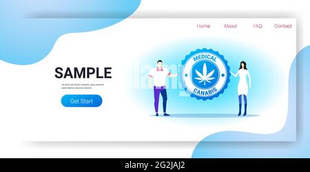 uomo donna coppia che tiene cannabis medica o marijuana foglia logo estratto di canapa cbd ganja legalizzare il concetto di consumo di droga piena lunghezza copia orizzontale Illustrazione Vettoriale