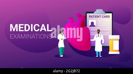 team di medici che esaminano la consultazione medica del cuore umano ispezione interna degli organi spazio di copia orizzontale completo del concetto cardiologico del trattamento dell'esame Illustrazione Vettoriale