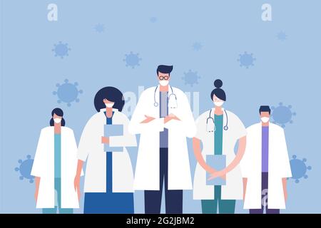 Un team di medici professionisti in piedi insieme per combattere la pandemia di covid-19 Illustrazione Vettoriale