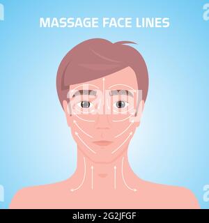 linee di massaggio sul viso maschile trattamento di bellezza concetto di cura della pelle mans testa ritratto Illustrazione Vettoriale