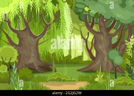 Paesaggio forestale estivo. Fogliame denso, arbusti e una radura al bordo. Illustrazione della natura. Spessetti di nebbia leggeri. Vista su alberi verdi. Cartone animato Illustrazione Vettoriale