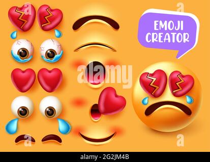 Design del set vettoriale del creatore di emoji. Smiley 3d in piangere e rotto cuore carattere con occhi modificabili e bocca viso kit elementi per la creazione di emoji. Illustrazione Vettoriale