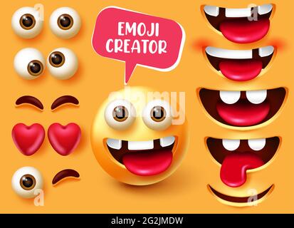 Design del set vettoriale del creatore di emoji. Smiley 3d in divertente e felice espressione del carattere facciale con kit modificabile come occhi, denti ed elementi della bocca. Illustrazione Vettoriale