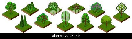 Parco isometrico o giardino. Alberi, cespugli e arbusti con erba e fiori. Piastrelle isolate per sfondo e scene di gioco o cartoni animati. VEC Illustrazione Vettoriale