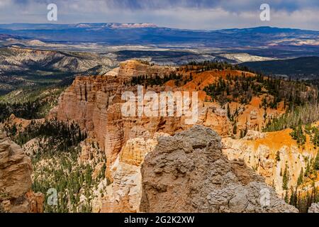 La luce del sole calata cade sulle spettacolari formazioni rocciose rosse, come si vede dal punto di vista Rainbow Point del Bryce Canyon National Park, Utah, USA. Foto Stock