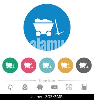 Caricato il carrello della miniera e piccone bianco piatto icone su sfondi rotondi di colore. 6 icone bonus incluse. Illustrazione Vettoriale
