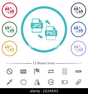 JPG PNG conversione file icone di colore piatto in contorni a forma di cerchio. 12 icone bonus incluse. Illustrazione Vettoriale