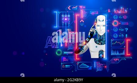 AI. Intelligenza artificiale. Robot o cyborg che guardano all'interfaccia HUD virtuale. Concetto di apprendimento automatico. Cornice tecnologica moderna per testo, foto in Illustrazione Vettoriale