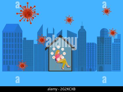 Donna che usa lo smartphone che acquista online a casa da cellulare, concetto rimanere a casa ridurre il rischio Covid-19 vettore illustrazione Illustrazione Vettoriale