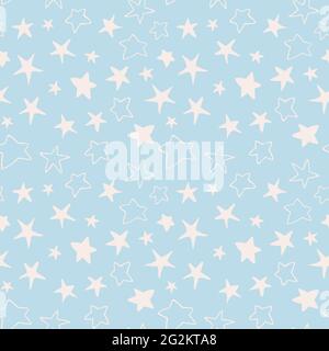 Cute stelle di doodle luminoso modello senza giunture. Il cielo notturno disegnato a mano ripete lo sfondo in colore blu pastello. Per tessuti, involucri, inviti, biglietti, scrapbooking o sfondi. Illustrazione Vettoriale