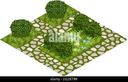 Bene vettore giardino con cespugli topiari, fiori, erba e strada lastricata. Set isometrico, illustrazione vettoriale. Può essere utilizzato per creare scene di giardino o. Illustrazione Vettoriale