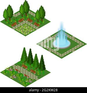 Set isometrico giardino per creare una scena paesaggio giardino per il bene di gioco o sfondo cartoon. Fontana, fiori, cespugli e alberi, passeggiate lastricate. Isolato Illustrazione Vettoriale