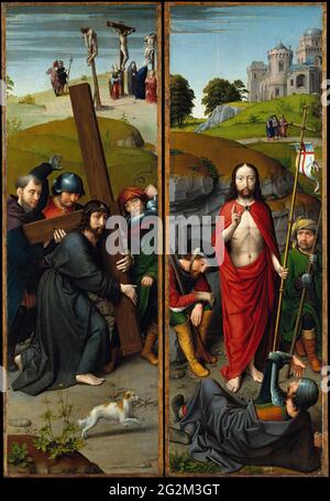 Gerard David - Cristo che porta la Croce con la Crocifissione la Risurrezione con i pellegrini di Emmaus Foto Stock