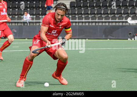 AMSTELVEEN, PAESI BASSI - GIUGNO 12: Thomas Briels del Belgio durante i Campionati europei di Hockey gli uomini si disputano tra Inghilterra e Belgio allo stadio Wagener il 12 giugno 2021 ad Amstelveen, Paesi Bassi (Foto di Gerrit van Keulen/Orange Pictures) Foto Stock