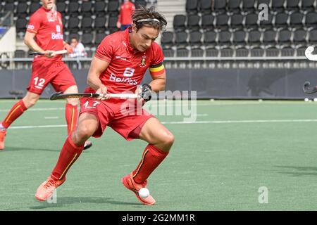 AMSTELVEEN, PAESI BASSI - GIUGNO 12: Thomas Briels del Belgio durante i Campionati europei di Hockey gli uomini si disputano tra Inghilterra e Belgio allo stadio Wagener il 12 giugno 2021 ad Amstelveen, Paesi Bassi (Foto di Gerrit van Keulen/Orange Pictures) Foto Stock