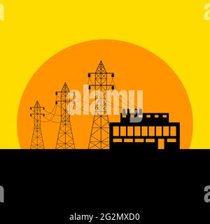 Linea elettrica e sottostazione del trasformatore in alto sullo sfondo del sole che tramonta. Illustrazione vettoriale piatta. Illustrazione Vettoriale