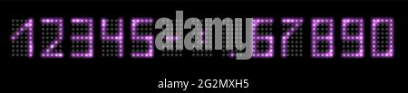 Numeri di luci a LED con effetto di bagliore al neon. Cifre viola colorate con lucentezza fluorescente realistica, set di numeri per orologio digitale o design timer. IO Illustrazione Vettoriale