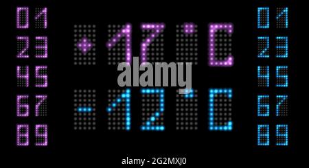 Numeri di luci a LED con bagliore al neon. Pannello digitale della temperatura con numeri viola e blu fluorescenti. Illustrazione vettoriale Illustrazione Vettoriale