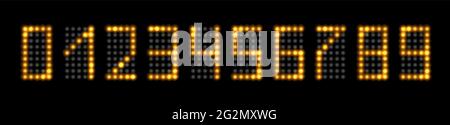 Numeri LED con effetto luminoso al neon dorato. Set di numeri fluorescenti realistici per orologio digitale, timer o display, isolati su nero ba Illustrazione Vettoriale