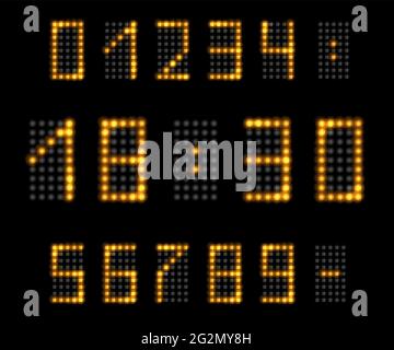 Numeri di luci a LED con effetto di bagliore al neon. Cifre dorate con lucentezza fluorescente per il design digitale dell'orologio o del timer. Isolato su sfondo nero, vettore Illustrazione Vettoriale