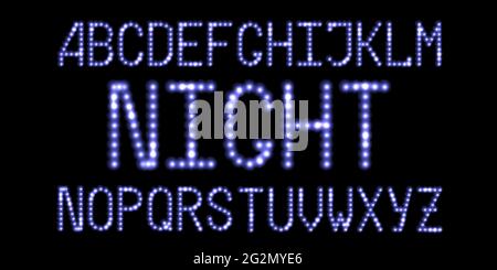 Font LED con effetto luminoso al neon blu. Lettere luminose punteggiate, alfabeto digitale con luce parassita. Design della notte di Natale. Illustratio vettoriale Illustrazione Vettoriale
