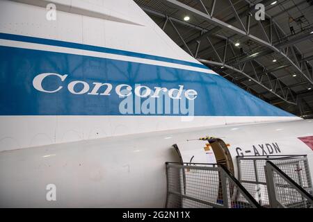 Duxford England maggio 2021 Tail del famoso aereo Concorde, si ritirò nei primi anni 2000 dopo un incidente sfortunato Foto Stock