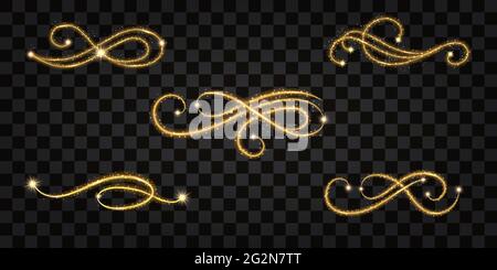 Vortice dorata. Set di fiori decorativi per il tuo design. Effetto lucentezza chiaro, wavel dorato, scintillante scintilla stelle di neve. Illustratio vettoriale Illustrazione Vettoriale