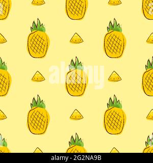 Motivo senza cuciture con ananas su sfondo giallo Illustrazione Vettoriale