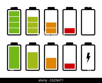 Indicatore del livello di carica della batteria. Set di icone della batteria. Illustrazione Vettoriale