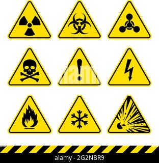 Segnali di avvertimento impostati. Icone di pericolo. Segnale di radiazione. Cartello di rischio biologico. Segno tossico. Simbolo nucleare. Simbolo infiammabile. Segnali di attenzione. Illustrazione Vettoriale