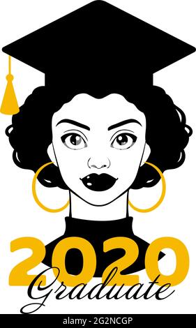 Laureato 2020. Graduazione 2020. Senior 2020. Classe di 2020. Donna nera. Вlack ragazza in un cappello di laurea. Laurea all'università. Laurea di livello superiore. V Illustrazione Vettoriale