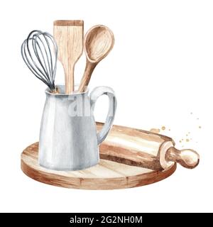 Concetto di cucina con tondino in legno e utensili da cucina. Illustrazione di acquerello disegnata a mano isolata su sfondo bianco Foto Stock