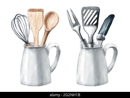 Set di utensili da cucina. Illustrazione di acquerello disegnata a mano isolata su sfondo bianco Foto Stock