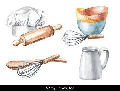 Set di utensili da cucina. Illustrazione di acquerello disegnata a mano isolata su sfondo bianco Foto Stock