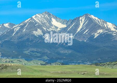 montagne pazzi sopra prateria vicino a grande legname, montana Foto Stock