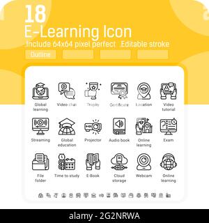 Collezione di icone elearning con stile di linea isolato su sfondo bianco. Illustrazione vettoriale formazione online, icona del simbolo del webinar Illustrazione Vettoriale