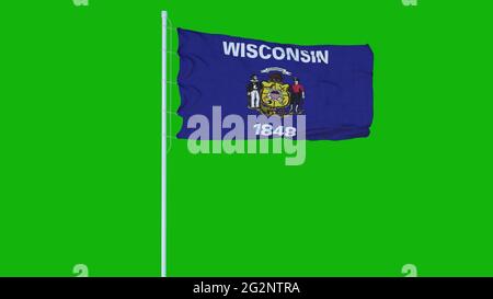 Bandiera dello stato del Wisconsin che oscilla sul vento sullo schermo verde o sullo sfondo del tasto chroma. rendering 3d Foto Stock