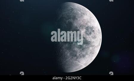 Luna piena realistica. Luna che gira nello spazio aperto sopra le stelle. rendering 3d Foto Stock