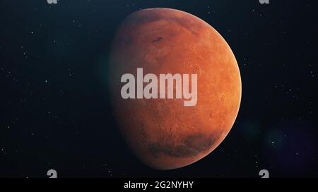 Marte pianeta che gira in spazio aperto sullo sfondo delle stelle. Vista frontale del pianeta Marte dallo spazio con una bella galassia. rendering 3d Foto Stock