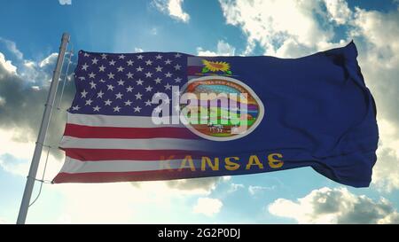Bandiera degli Stati Uniti e del Kansas. USA e Kansas misto Bandiera ondeggiante nel vento. rendering 3d Foto Stock