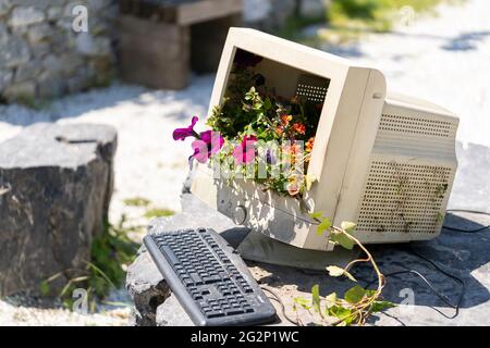 Un monitor per computer riproposto / riciclato con fiori che crescono fuori dallo schermo rotto nei giardini di Kittenberger Erlebnisgarten Austria Foto Stock