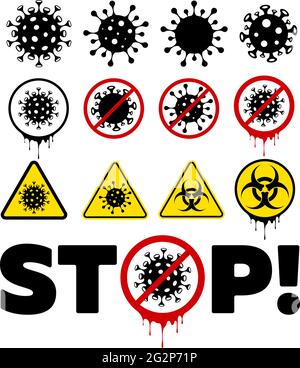 Set di icone virus flat. Fermare l'epidemia di Coronavirus covid-19. Cartello Stay at home. Simbolo di rischio biologico Illustrazione Vettoriale